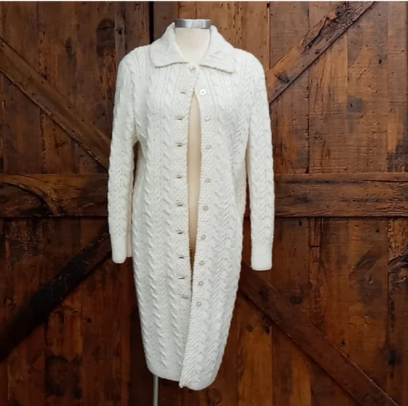 Vintage Ivory Cable Knit Sweater Coat - Picture 3 of 10